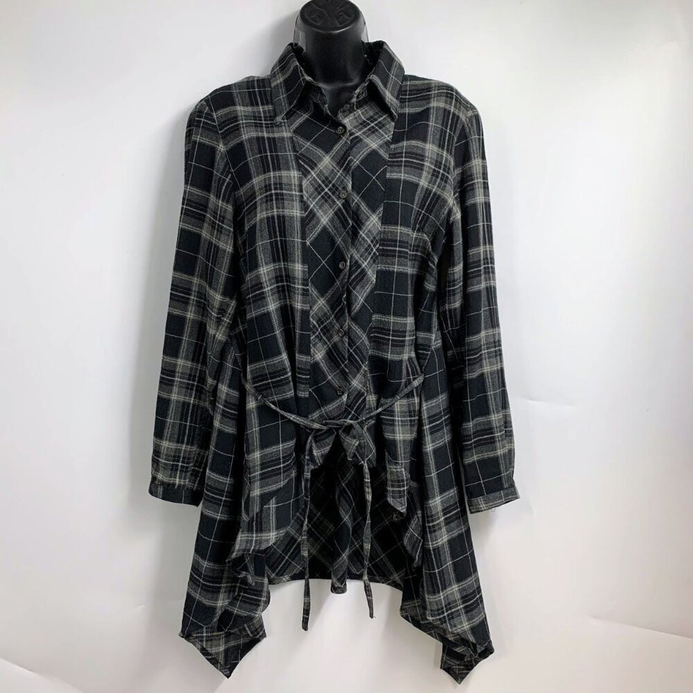 Animale Women's Plaid Button Up Ruffle Long‎ Sleeve Tunic Shirt Size 8